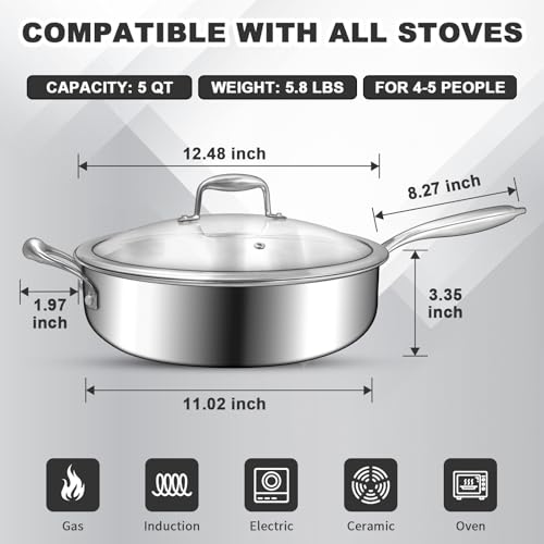 EWFEN 12 Inch Tri-Ply Stainless Steel Frying Pan, Compatible with All Cooktops Up to 600℉, Large Frying Pan with lids, Induction-Ready Skillet, Dishwasher and Oven Safe, Even Heat, 12" Pan+Handle+Lid by EWFEN - Image 3