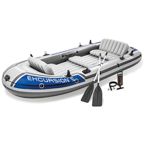 INTEX Excursion Inflatable Boat Series: Includes Deluxe 54in Boat Oars and High-Output Pump – SuperTough PVC – Adjustable Seats with Backrest – Fishing Rod Holders – Welded Oar Locks