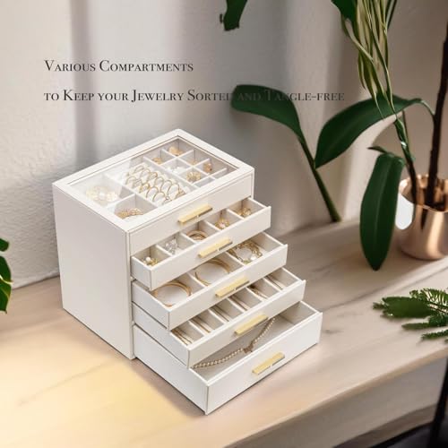 VLANDO 5-Drawer Jewelry Box with Glass Lid, Faux Leather Organizer for Rings Earrings Necklaces and More, Gift-Ready Jewelry Case for Women Girls or Moms, Beige by VLANDO - Image 5