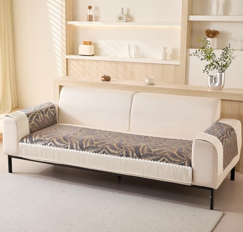 Image of House of Quirk Leaf Pattern Chenille Fabric Sofa Cover Set - 3-Piece Anti-Slip Furniture Protector for Two-Seater Sofa (2 Armrest Covers 50x70cm + 1 Seat Cover 90x120cm, Grey)