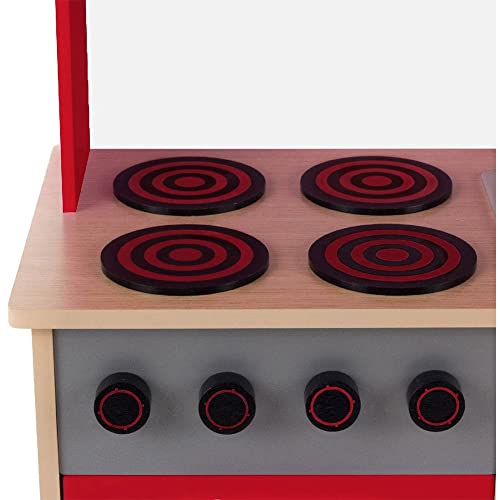 Bakaji Cucina In Legno Giocattolo Per Bambini Con Anta E Cassetti Lavagna Lavello In Plastica 4 Fornelli Forno Apribile E Microonde Chiusure Magnetiche 60 X 30 X 90 Cm (Rosso) - 4