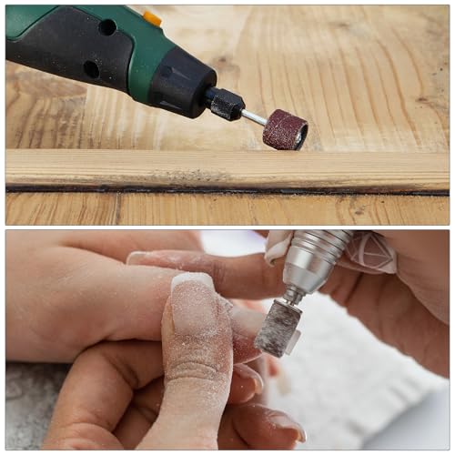 Yuhtech 384 Stück Schleifhülsen Satz, Teiliges Schleiftrommel Set, 360 Trommelschleiferhülsen und 24 Trommeldorne, Schleifhülsen Schleifbänder, Schleif Bohrmaschine für Dremel Drehwerkzeug