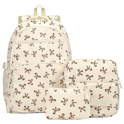 Image of Coquette Bow Backpack - Cute Kawaii Backpack Set Aesthetic Daypack Bow Rucksack (A05 Bow Beige)