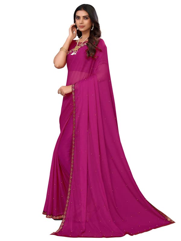 Image of SIRIL Women's Lace & Peral Work Lycra Saree with Unstitched Blouse Piece(2739S253 Hot Pink)