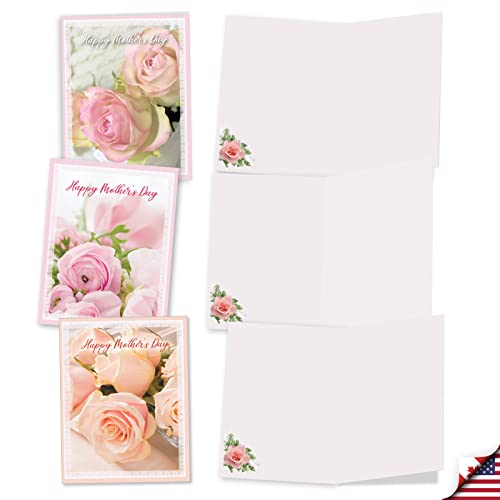 The Best Card Company 20 Assorted Floral Blank Mother's Day Notes Box Set 4 x 5.12 Inch with Envelopes (10 Designs, 2 Each) Romantic Sweet Pink Roses AM10311MDB-B2x10