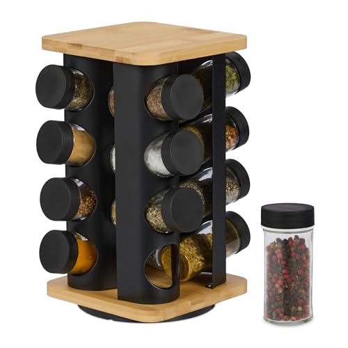 Relaxdays Tourniquet à épices, 16 Pots, Rotatif à 360°, H x L x P : 28 x 20 x 20 cm, Nature et Noir