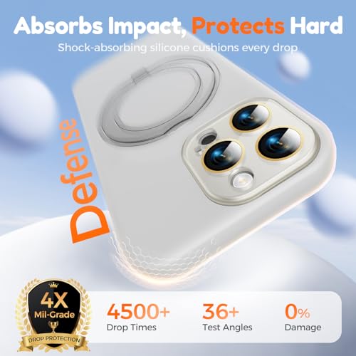 Image of Silicone 360 Spin Magnetic Stand Case for iPhone 16 Pro Max, [Compatible with Mag-Safe][Reinforced Hard Camera Protection] Liquid Silicone Rubber Phone Cover with Ring, Camera Button, White
