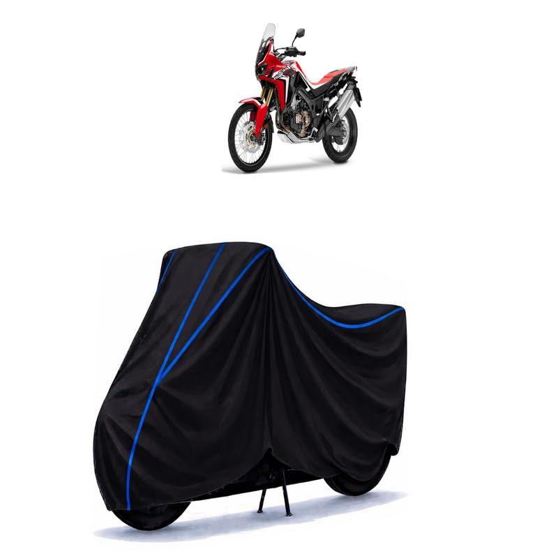 Image of Africa Twin Adventure Sports Bike Cover Water Resistant Universal Motorcycle Rain | Heavy Duty UV Protection, Dust, Scratch Indoor Outdoor All Weather with Black Blue Piping Elastic