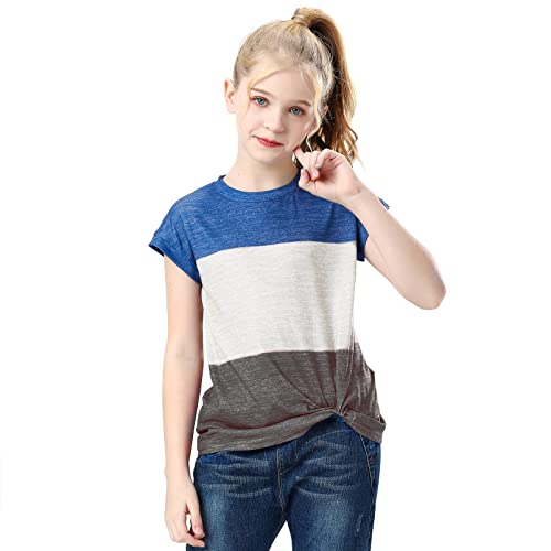 binboll Girl's Short-Sleeve Shirts Girl Tee Cat Short Sleeve Printing Girl Striped Tops Star Girl Tee Pullover Shirt Tees Blouses (8-9 Years, A-Color Contrast Blue)