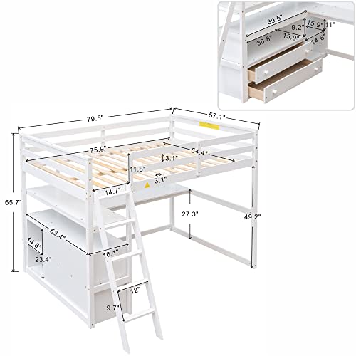 Full Loft Bed With Desk And Storage Drawers Wood Loft Beds Frame With Cabinet And Shelves For Dorm Bedroom Modern Full Size Bunk For Kids Adults Boys Girls Teens, White #TOP2