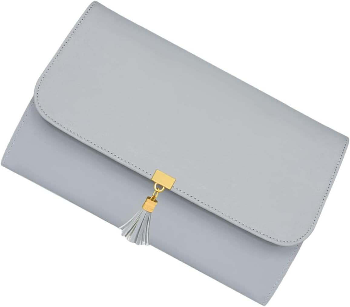 INOOMP Travel Jewelry Roll Bag Large Capacity Gray Leather Tassel Zipper Organizer Portable Jewelry Storage Pouch for Women Necklace Ring Holder