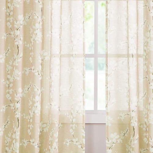 Image of BFAM Sheer Curtain with Floral Print, Premium Printed Sheer Drapes, Eyelet /Grommet Curtain for Living Room, Bedroom, Light Filtering Curtains, Beige Floral 5 Feet,Pack of 1 Curtain