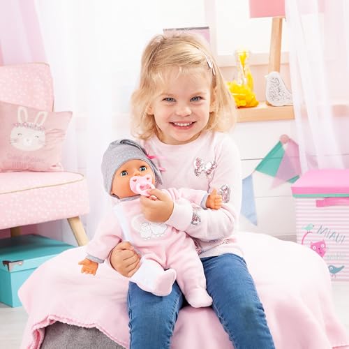 Bayer Design 93829AA My Piccolina Interactive Puppe mit Funktion, sprechend, Babypuppe bewegt den Mund, 38 cm, Schnuller, Flasche, Rosa, Grau