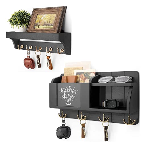 Rebee Vision Key Holder For Wall Set : 14" Arc Key Rack With 5 Hooks & 16" Mail Organizer With Chalkboard And 4 Anchor Hooks For Home Apartment Entryway Decor - Black #TOP20