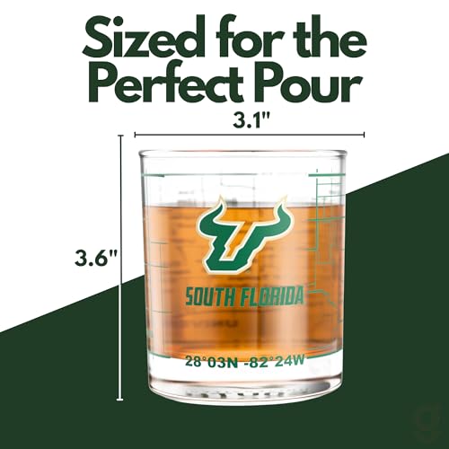 Image of Greenline Goods University of South Florida Bulls Whiskey Glasses Set of 2, 10 oz Rocks Glasses with Full-Color Logo & Campus Map - Officially Licensed Bourbon Glass Gift for Alumni & Fans