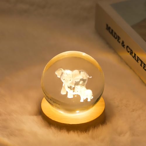 Image of 3D Elephant Crystal Ball Lamp with Dimmable LED and Wooden Base, Night Light for Kids Teens Adults, Home Desk Office Bedroom Decor, Birthday Gift (2.4 inch / 6cm)