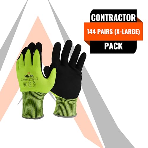 Malta Dynamics Safety Work Protective Gloves – Mens Work Gloves with ANSI Cut Level A5 Protection, Touchscreen Compatible, OSHA and ANSI Compliant (Large, 12 Pair)