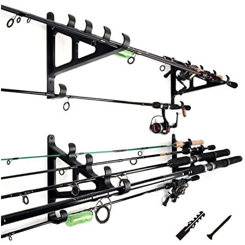 Horizontal Fishing Rod Rack Rod Holders for Wall Storage - Wall Mounted Fishing Rod Rack with Hook,Holds 4 Rods, Space Saving for Fishing Rods，Hiking Poles, Ski Poles, Hockey Sticks and Cue Cover