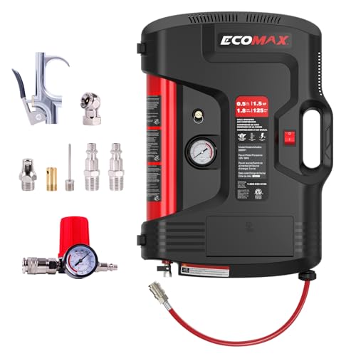 ECOMAX Wall Mount Air Compressor With 8 PCS Accessory Kit Tire Inflator Portable Air Compressor with Retractable 30ft Air Hose Mini Tank 125 PSI MAX Pressure & 1.5 HP for Garage and Home