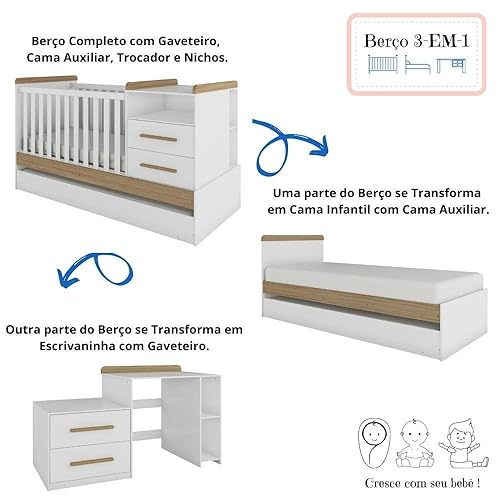 Berço Multifuncional Vini com Cama Auxiliar - Móveis Peroba Branco Brilho com Carvalho