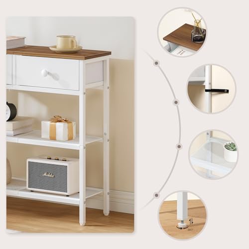 HOOBRO Schmaler Konsolentisch, 75 cm Flurtisch mit Schublade und 2-stufigen Ablagefächern, Beistelltisch, Kleiner Ausstellungstisch, Sofatisch, Eingang, Flur, Weiß und Walnuss EWH72XG01