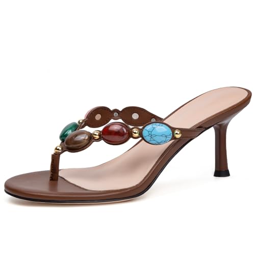 BeeLg Dark Brown Kitten Heel Thong Sandals for Women Round Open Toe Jeweled Flip Flops Fashion Summer Beach Dress Sandals
