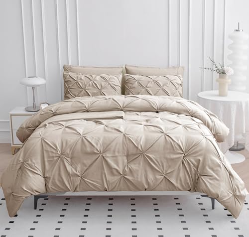 LANE LINEN Twin Comforter Set - 5 Piece - Classic Pintuck Stitch Design Bedding - with 1 Comforter, 1 Pillowcase 1 Shams, 1 Flat & One 14\" Fitted Sheet - Lightweight Bedding for Year-Round Use – Beige