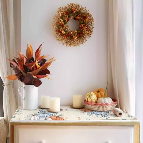 Fall Table Runner Blue Pumpkin Table Runners for Dining Room Flower Leaves Vintage Dinner Runner Thanksgiving Kitchen Decor 13" x 72" by TweetyBed - Used condition - US$13.87
