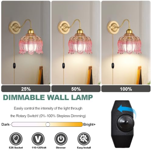 Image of Dimmable Plug in Wall Sconce,Brushed Brass Wall Sconces Set of 2 Flower Wall Lights with Plug in Cord and Glass Lampshape,Gold Sconces Wall Decor Set of 2 Plug in Wall Lamp Sconces for Bedroom