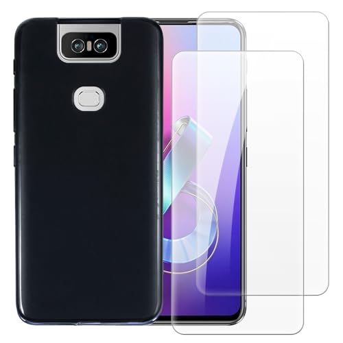 Shantime Hülle mit 2 Stück Schutzfolie Kompatibel mit Asus Zenfone 6 2019, Stoßfeste Abdeckung & Gehärtetes Glas R&um-Schutz(Schwarz)