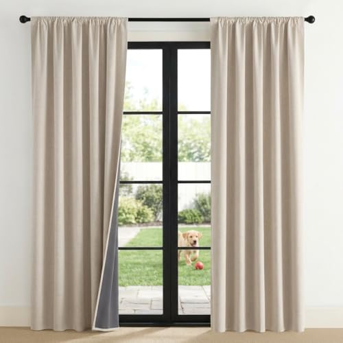 NICETOWN 100% Blackout Curtains for Bedroom Living Room - Linen Textured Thermal Insulated Drapes Rod Pocket Top Black Out Curtains with Grey Liner for Privacy Natural W52 x L80 in 2 Panels