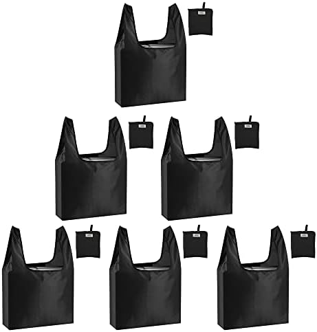 CiCiGo Large Reusable Bags Shopping Washable Foldable 6 Pack Grocery Bags Heavy Duty Lightweight Folding Gift Tote Bags Durable Polyester Black