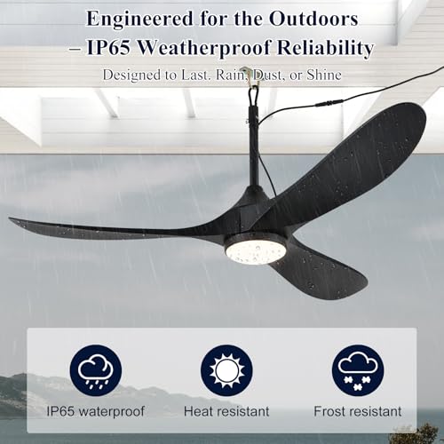 ZIMOFLL 52 inch Outdoor Ceiling Fan with Light Waterproof - Plug in Hanging Hook for Patio, Porch, Gazebo - Wet Rated Weatherproof Exterior Black 3 Blades Ceiling Fan with Remote - Image 3