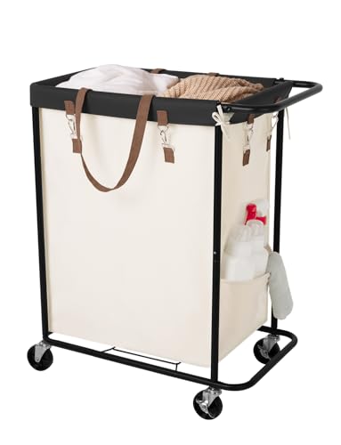 StorageWorks 140L Extra Large Laundry Basket with Wheels, Laundry Hamper with Wheels, 2 Section Basket for Clothes, Towel, Blanket, Rolling Clothing Cart for Rooms Organization, Beige, 1-Pack