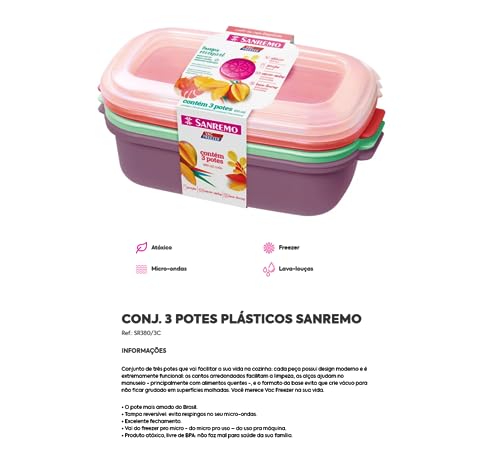 Conjunto Com 3 Potes Plásticos Com Tampa Reversível, Fundo Coral, Verde E Amarelo E Tampa Cristal, S