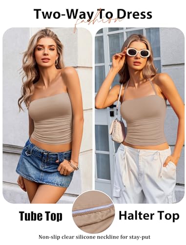 Image of Avidlove Halter Tops for Women Going Out Double Lined Sexy Crop Tank Top Ruched Slim Fit Cami Y2K Outfits Womens Summer Tops