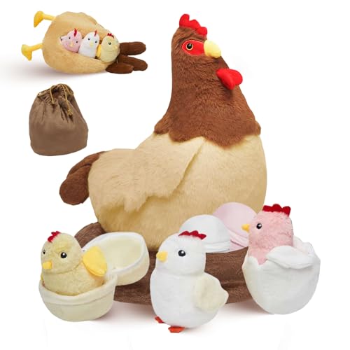 Yulefly 9pcs Chicken Stuffed Animal Egg Laying Hen Plush with Storage Bag