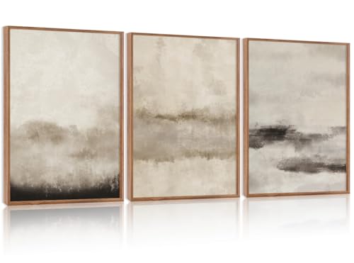 HPINUB Large Abstract Framed Canvas Wall Art Set,Minimalist Beige Gray Pastel Watercolor Wall Decor,Modern Illustration Neutral Art Painting for Living Room,Dining Room,Office(Set of 3,12X16 Inch)