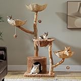 PAWZ Road Cat Tree for Indoor Cats Large Adults, 59 Inches Modern Cat Tower with 3 Large Baskets, Natural Solid Wood, Luxury Condo and Hammock, Modern Furniture for Big Cats, Brown