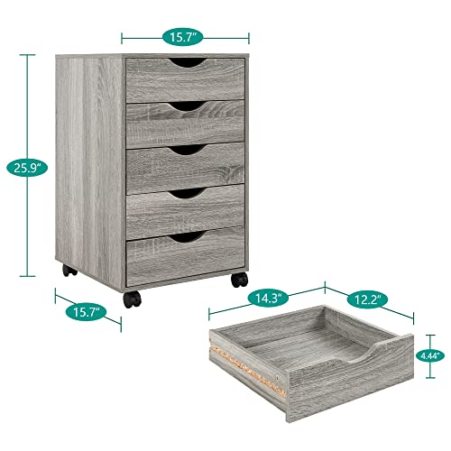 Naomi Home 5 Drawer Dresser For Bedroom, Stylish Tall Dressers With Wheels, Storage Shelves, Small Dresser For Closet, Makeup Dresser With 180 Lbs Capacity - Gray Oak #TOP1