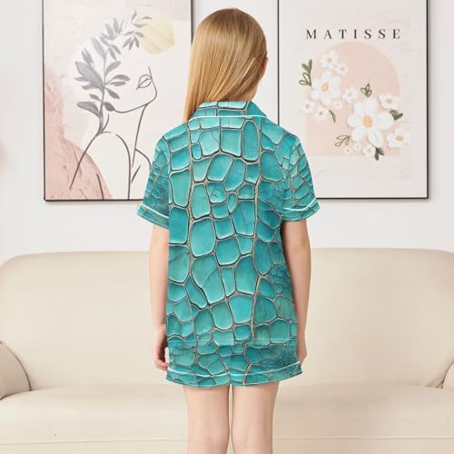 Satin Pajama Sets Short Sleeve Crocodile Alligator Button Down Silky Nightwear 2 Piece PJS 5-14Y4