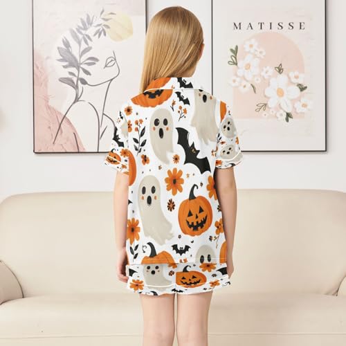 Satin Pajama Sets Short Sleeve Halloween Themed Pattern Prints Button Down Silky Nightwear 2 Piece PJS 5-14Y4