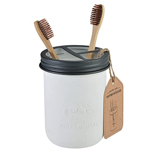 Mason Jar Bathroom Accessories Set (4 Pack)—White Retro Mason Jar Lotion Soap Dispenser&2 Apothecary Jars&Toothbrush Holder- Rustic Farmhouse ,Bathroom Home Decor ,Countertop Vanity Organizer (Grey) #TOP5