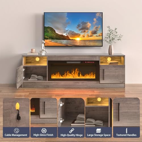 VENDORZ 70\" TV Stand with Fireplace, LED Light Entertainment Center with Fireplace, 36\" Electric Fireplace TV Strand with Storage Cabinet, Media Console TV Stand for Living Room Up to 80\" TVs, Grey - Thumbnail 4
