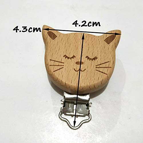 Image of 5pcs Natural Wood Suspender Pacifier Clips Cute Beech Wooden Animal Cat Shape Clips DIY Beading Pacifier Chain Accessory