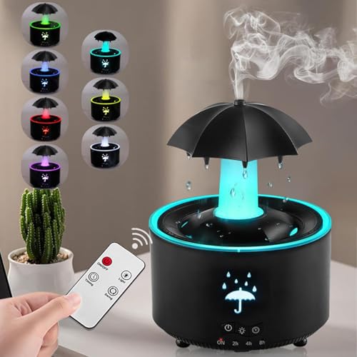 Humidifiers for Bedroom, 300ML Rotating Umbrella Humidifier with Remote & Timer, 7 Colors Water Drip Diffuser with Essential Oil Diffuser, Funny Rain Humidifier Night Light for Room (Black-Umbrella)