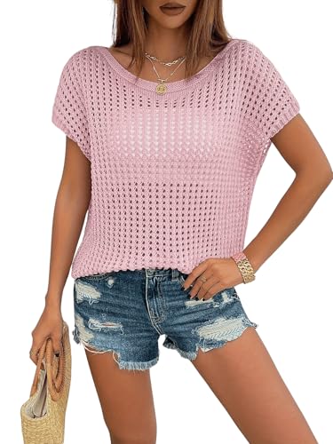 Image of Verdusa Women's Hollow Out Sheer Knit Top Dolman Sleeve Pullover Cover Up