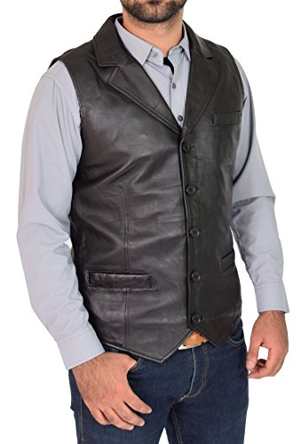 Gilet en cuir souple pour homme style motard élégant col relevé noir