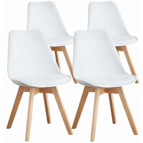 OLIXIS Set of 4 Dining Kitchen Mid-Century Modern Chairs with Wood Legs and PU Leather Cushion for Living Room Bedroom Outdoor Lounge, White