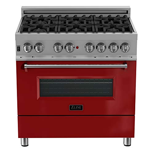 ZLINE 36 in. 4.6 cu. ft. Legacy Dual Fuel Range with 6 Burner Gas Cooktop and Electric Convection Oven in Satin Stainless Steel and Red Gloss Door (RAS-RG-36)